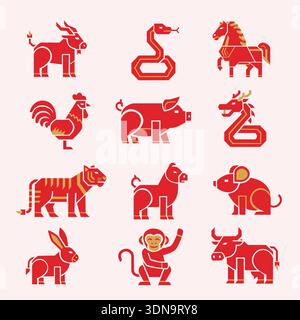 Icône d'animal de zodiaque chinois dans le style géométrique rouge Illustration de Vecteur