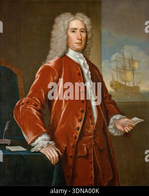 Richard Bill de John Smibert, 1733, marchand prospère de Boston en manteau rouge debout à la table d'écriture avec un voilier visible par la fenêtre derrière Banque D'Images