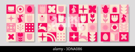 L'ensemble de joyeuses affiches abstraites géométriques de Pâques dans des couleurs roses. La conception vectorielle à la mode avec lapin, œuf de Pâques, fleurs, formes simples Illustration de Vecteur