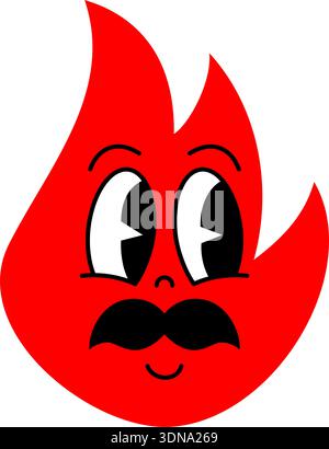 Personnage de dessin animé de flamme rouge drôle avec une grande moustache et des yeux expressifs de côté-regard. Personnage vectoriel comique Illustration de Vecteur