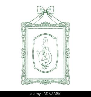 Cadre vintage décoratif avec une oie dans un style d'art au trait. Cadre rétro, oie avec un arc. Illustration vectorielle en vert. Illustration de Pâques. Illustration de Vecteur