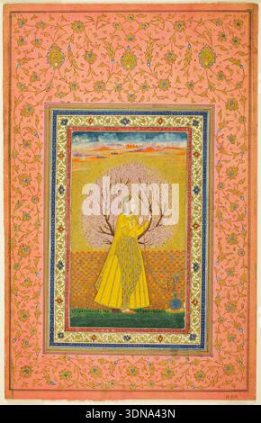 Jeune femme fumant un Huqqa par Inde, Uttar Pradesh, Avadh, XVIIIe siècle, portrait d'une figure en robe jaune debout dans un paysage fleuri, tenant une pipe à eau Banque D'Images