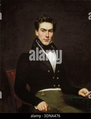 James Mackie de Samuel Lovett Waldo, 1830–40, portrait américain d'un gentleman bien habillé en manteau noir formel tenant des documents, assis pose sur fond sombre Banque D'Images