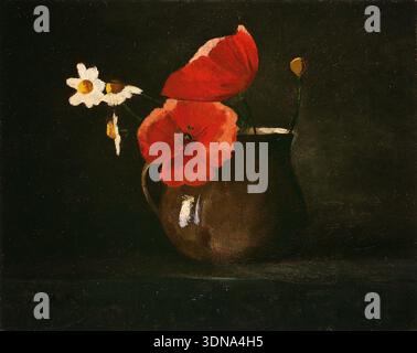 Fleurs : coquelicots et marguerites d'Odilon Redon, c. 1867, coquelicots rouges et marguerites blanches disposés dans un récipient en céramique sombre sur fond sombre Banque D'Images