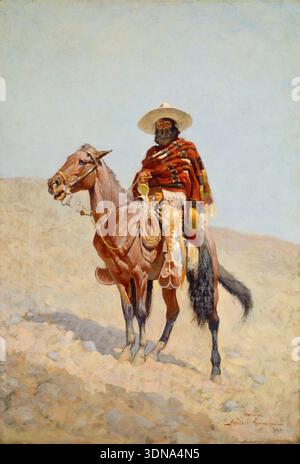 Un Vaquero mexicain de Frederic Remington, 1890 ans, monté cavalier en serape colorée et sombrero posé contre un paysage désertique au ciel pâle Banque D'Images