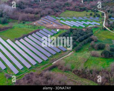 Plan aérien large d'une grande centrale solaire située parmi les oliveraies et les champs verts, démontrant l'ampleur de l'adoption des énergies renouvelables et un Banque D'Images