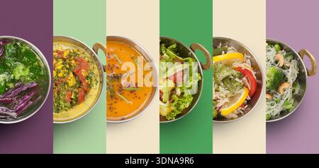 Plats colorés affichés dans un arrangement esthétique sur une table minimaliste Banque D'Images
