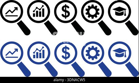 Un ensemble d'icônes de loupe noires et bleues représentant des symboles pour la croissance des entreprises, la finance, la technologie et l'éducation. Illustration de Vecteur