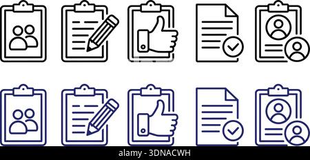 Un ensemble de dix icônes en ligne représentant divers concepts liés aux documents, formulaires, profils utilisateur et feedback, présentés en contours noirs et bleus. Illustration de Vecteur