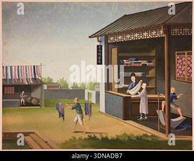 Tissu de filage, préparation des feuilles de thé, préparation de la soie par la Chine, début du XIXe siècle, scènes d'ateliers domestiques montrant des femmes engagées dans la production textile et la préparation des aliments dans l'architecture traditionnelle Banque D'Images