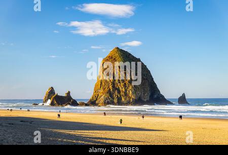 Cannon Beach, OREGON, États-Unis - 13 novembre 2025 : Haystack Rock Sea stack pile, avec de petites figures de gens marchant ou explorant la plage de sable et les marées Banque D'Images