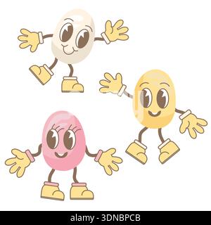 Oeufs de Pâques en rose, beige et jaune, avec diverses expressions faciales et mouvements des mains et des pieds. Illustration vectorielle avec des œufs emoji. Convient pour Illustration de Vecteur
