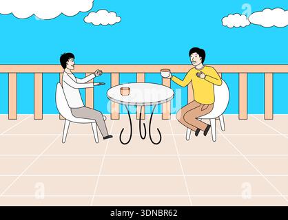 Deux hommes assis à une table en buvant du café. Illustration de Vecteur