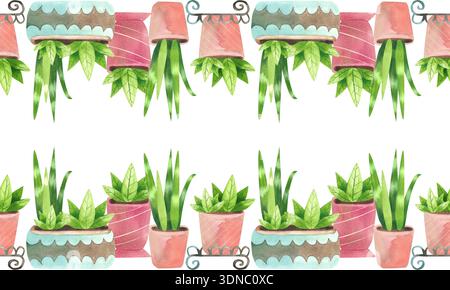 Bordure sans couture avec des plantes d'intérieur dans divers pots. Illustration aquarelle de fleurs dans un style plat simple. Banque D'Images