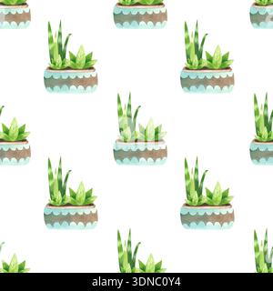Modèle sans couture avec des plantes d'intérieur dans des pots à motifs bleus. Illustration aquarelle de fleurs dans un style plat simple. Banque D'Images