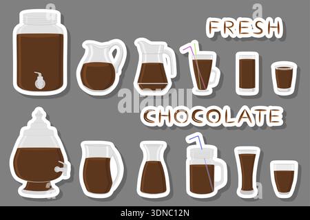 Illustration sur le thème grand kit verrerie de différents types, cruches chocolat de différentes tailles, verrerie composée de cruches en plastique organique pour chocolat fluide Illustration de Vecteur