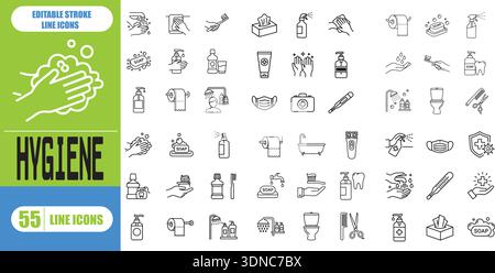 Jeu d'icônes de ligne d'hygiène pour le nettoyage, la désinfection, le savon, le bain, la douche, lavage des mains, assainissement, propreté domestique, sécurité sanitaire, modifiable Illustration de Vecteur