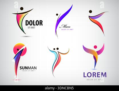 Ensemble de logos d'homme abstrait vectoriel. Positif, mode de vie salutaire, icône 3D humaine ondulée. formes de personnes, figures stylisées colorées linéaires. Utilisation pour le fitness Illustration de Vecteur