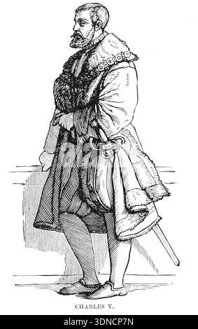 Charles V, empereur du Saint-Empire romain germanique, portrait de profil en costume de la Renaissance du XVIe siècle avec manteau doublé de fourrure et épée visible, posture royale et autoritaire du chapitre CII.— la réforme en Angleterre. Du LIVRE XVII. - Nouveau monde et réforme dans le volume 13, de l'histoire universelle de Ridpath : un compte rendu de l'origine, de la condition primitive et du développement ethnique des grandes races de l'humanité, et des principaux événements dans l'évolution et le progrès de la vie civilisée entre les hommes et les Nations, à partir de sources récentes et authentiques avec une enquête préliminaire sur le temps, le lieu et la manière de t Banque D'Images
