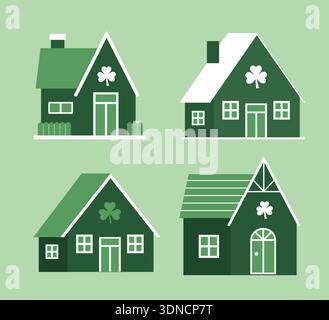Vert : Maison de jour de Patrick décorée avec un ensemble d'illustration vectorielle plate Shamrocks. Illustration de Vecteur