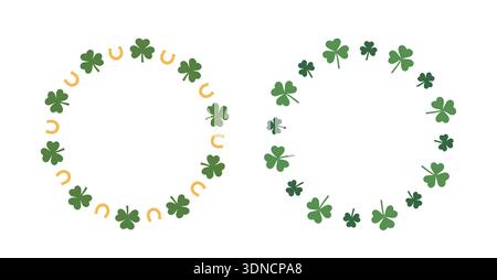 Ensemble de. Patrick's Day Shamrock and Horseshoe Wreath Frame clipart. Conception d'illustration vectorielle plate de trèfle de la journée de St Patrick. Illustration de Vecteur