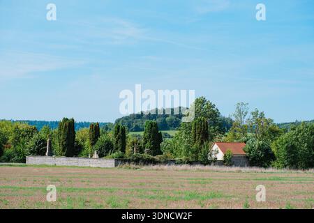 Une scène estivale lumineuse et paisible d'un village européen avec des maisons résidentielles traditionnelles, des jardins soignés et une route asphaltée locale menant à Banque D'Images