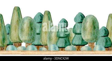 Une bordure horizontale sans couture d'arbres fabriqués à partir d'ensembles de construction en bois pour enfants est peinte à la main à l'aquarelle sur un fond isolé pour les créati Banque D'Images