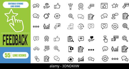 Jeu d'icônes de ligne de rétroaction pour témoignage, enquête, questionnaire, satisfaction client, commentaire, révision, évaluation des performances, vecteur de contour modifiable Illustration de Vecteur