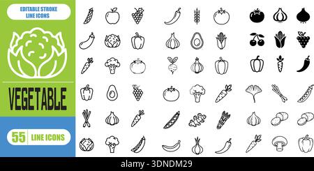 Icône de ligne de légumes définie dans un style minimaliste pour les produits frais, manger sain, aliments biologiques, Farm Fresh, épicerie, cuisine, vecteur de contour modifiable Illustration de Vecteur