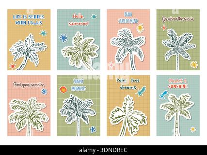 Ensemble d'affiches d'été avec des autocollants de palmiers dessinés à la main, des étoiles et des citations inspirantes sur le thème de la plage. Collection de cartes, dans un style rétro w Illustration de Vecteur