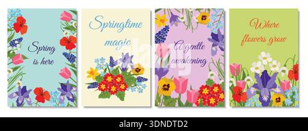 Ensemble de quatre cartes de vœux verticales printanières ou affiches avec des bordures florales et des bouquets. Iris, tulipes, coquelicots et pansies avec qu de saison Illustration de Vecteur