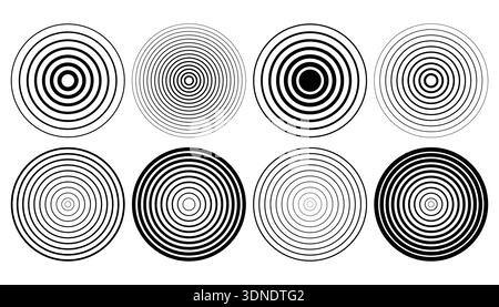 Ensemble de huit cercles concentriques noirs abstraits divers demi-teintes, idéal pour les éléments de conception graphique, les icônes cibles, les ondes de sonar, ou l'illusion d'optique bac Illustration de Vecteur