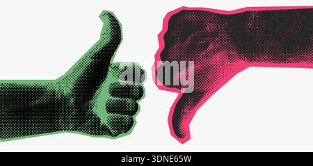 Icônes de main plate avec texture demi-teinte avec pouce vers le haut et pouce vers le bas. Aimez, n'aimez pas les symboles définis, les gestes d'approbation et de rejet. Illustration vectorielle Illustration de Vecteur