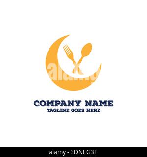 Restaurant logo Design avec fourchette et cuillère croisées à l'intérieur de Crescent Moon Illustration de Vecteur