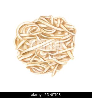 Spaghettis bouillis pour illustration d'aquarelle de cuisine italienne sur fond isolé. Vue de dessus. Pâtes ou nouilles ingrédient garniture, ramen, vermicelles Banque D'Images