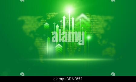 Tendances croissantes des données sur fond vert avec des flèches numériques et des nombres binaires Banque D'Images