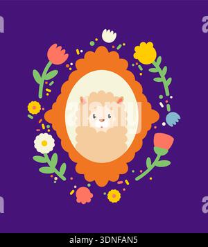 Tête de mouton mignonne dans un cadre floral vintage sur fond violet. Illustration de style art folklorique avec des fleurs pour cartes de voeux, autocollants et déco de pépinière Illustration de Vecteur