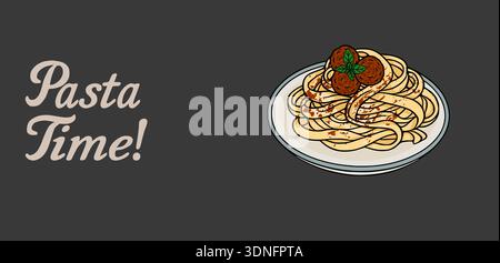 illustration vectorielle de délicieux spaghettis avec boulettes de viande et basilic, parfait pour les bannières alimentaires et les affiches Illustration de Vecteur