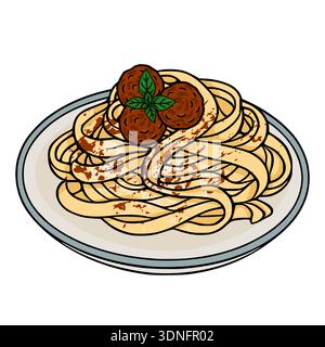 Illustration vectorielle de spaghettis avec boulettes de viande et basilic sur une assiette Illustration de Vecteur