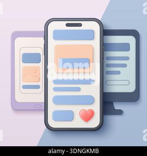 Concept coloré de conception d'interface utilisateur mobile avec des éléments d'application et des icônes, mettant en valeur la disposition numérique moderne et l'interaction, isolé sur l'illustration vectorielle de fond blanc Illustration de Vecteur