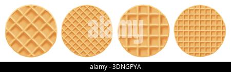 Gaufre ronde vectorielle, texture de gaufrette crème, biscuit belge. Dessin animé caramel illustration de la nourriture de modèle, stroopwafel belgique gâteau. Arrière-plan isolé Illustration de Vecteur