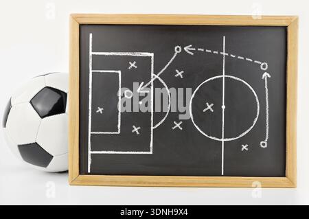 graphique une tactique de jeu de football avec de la craie blanche sur le tableau noir à côté du ballon de football isolé sur fond blanc Banque D'Images