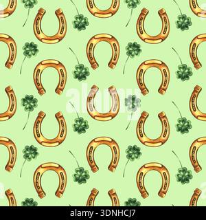 Modèle sans couture avec fers à cheval et trèfle à quatre feuilles. Illustration d'aquarelle dessinée à la main. Sur fond vert. Utilisé pour les arrière-plans, les textiles Banque D'Images