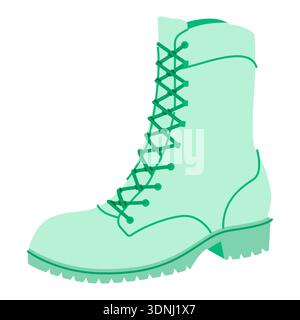 Vert lacet crampon semelle botte femme Flat paire. Bande de roulement épaisse avec laçage avant pour la randonnée, photoshoot de terrain. Illustration de mode technique CAD maquette lisse vecteur hommes unisexe style glamour isolé. Illustration de Vecteur