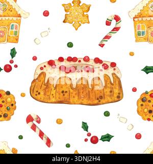 Cupcake de Noël à motif sans couture, canne à bonbons, maison en pain d'épice. Illustration d'aquarelle dessinée à la main, dessin animé. Dessin pour affiche, carte et Banque D'Images