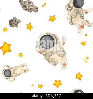 Modèle sans couture avec astronautes, étoiles et météorites. Illustration d'aquarelle dessinée à la main, dessin animé. Dessin pour textile, papier, invitations Banque D'Images