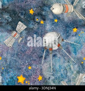 Modèle sans faille, espace extra-atmosphérique et satellites volant dans celui-ci. Illustration aquarelle dessinée à la main. Cosmique, espace, satellite, univers Banque D'Images
