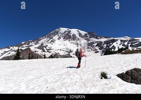 Femme alpiniste remontant la neige vers Camp Muir et Mount Rainier dans la chaîne des Cascades de Washington Banque D'Images