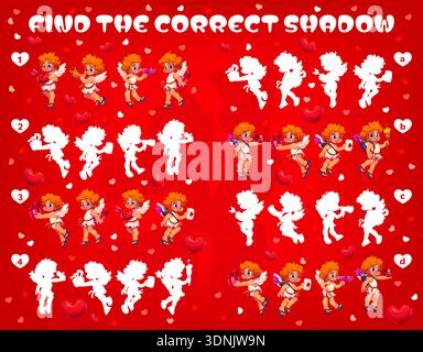 Trouvez l'ombre correcte de Valentines Cherub Cupids jeu quiz feuille de calcul vectorielle. Jeu de puzzle romantique de vacances d'amour de dessins animés Cupids avec des coeurs percés, des arcs et des flèches, des cadeaux et des cartes de Saint-Valentin Illustration de Vecteur
