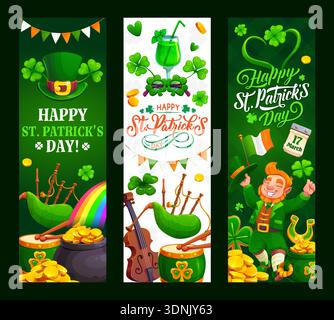 Joyeuse St Patrick s bannières de vacances avec leprechaun en chapeau vert, trésor doré en pot noir, trèfle trèfle trèfle, fer à cheval, arc-en-ciel, cornemuse, drapeau de l'Irlande sur fond vert Illustration de Vecteur